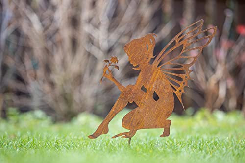 itsisa ® Gartenstecker Fee kniend mit Blume im Rost Design - Blumenfee, Rostfigur für den Garten, Gartendeko, Meta