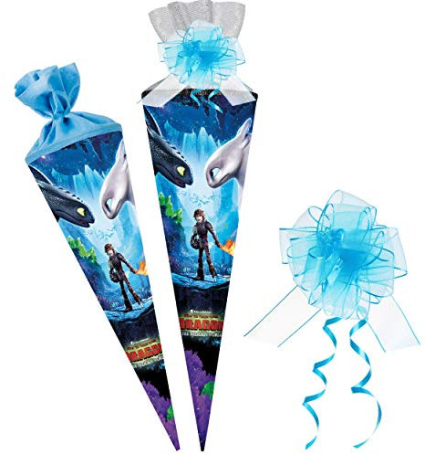 Schultüte - Dragons - Drachenzähmen leicht gemacht - 85 cm - 6 eckig - incl. Schleife - Tüllabschluß - Zuckertüte - mit/ohne Kunststoff Spitze - Nestler - S..