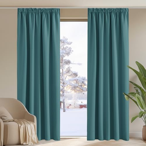 PONY DANCE Vorhang Blickdicht Kräuselband Verdunklungsgardine Wärmeisolierend Thermovorhang Wohnzimmer Gardinen mit Haken für Schienen, 2er Set H 245 x B 140 cm, Tealblau
