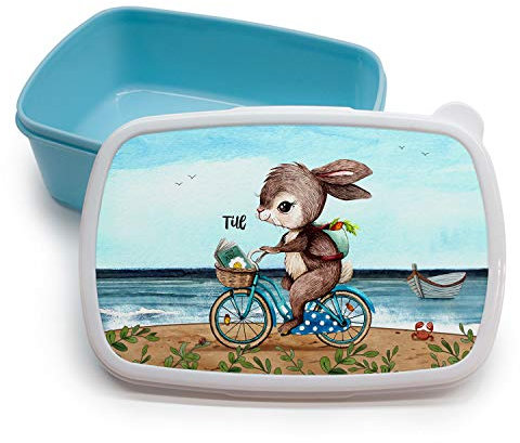 ilka parey wandtattoo-welt Lunchbox Brotdose blau Hase Häschen auf Fahrrad am Meer & Wunschname Geschenk Einschulung Kindergarten LBr15