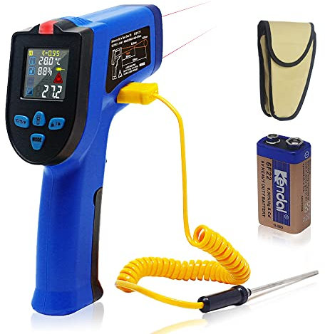 KETOTEK Infrarot Thermometer Temperaturmessgerät Doppel laser IR Pyrometer mit K-Sonde -50°C bis 550°C, Berührungsloser Farbe LCD NCV Feuchtigkeitsmessung Einstellbarer Emissionsgrad Küche Pizza