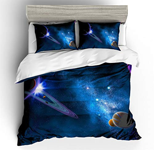 HNHDDZ Bettwäscheset 3D Sternenhimmel Galaxy Mond Drucken Blau Schwarz Bettbezug Polyester Reißverschluss Junge Mädchen (Sternenhimmel 5,Bettbezug 200x200 cm + 2 Kissenbezug 50x75 cm)
