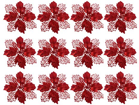TOYANDONA 12pcs Glitter Poinsettia Christmas Artificial Flowers Christmas Tree Floral Ornaments Decorations Xmas Tree Pendant Wreath Filler (Red)