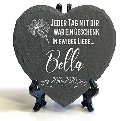 Individueller Personalisiert Herzform Tiergrabstein Schiefer Gedenkstein + Ständer für Hund, Katze und andere Haustiere Tiere - Größe | 10 x 10 cm | - Blumen