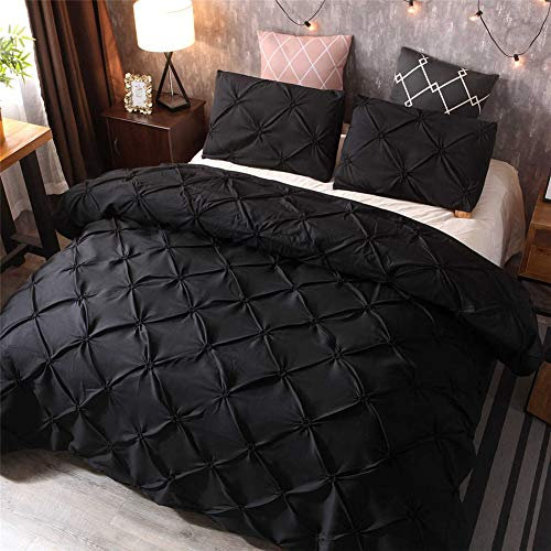 WENYA Bettwäsche-Set Einfarbig Vintage Klassisch Bettbezug Satin Rüschem Quetschfalten Blume Schwarz Weiß Braun Grau Mikrofaser Junge Mädchen (Schwarz, 200x200 cm)