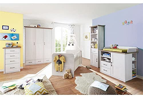 Lomadox Babymöbel im Landhausstil in Pinie weiß Nb./Trüffel Eiche Nb.