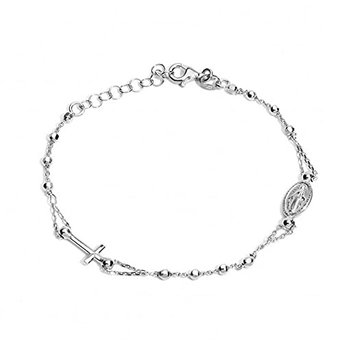 Sogni d'Argento Bracciale Rosario Donna Argento 925% bagnato in Oro Bianco, Giallo e Rosa Inserti Croce E Madonna. Lunghezza regolabile fino a 21 cm (Oro Bianco)