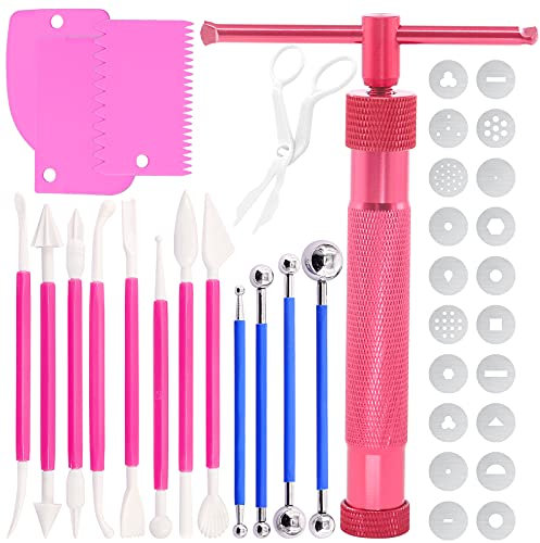 Wokape 37 Stück Edelstahl Ton Extruder Zuckerpaste Extruder Kuchen Fondant Dekorieren Werkzeug Set mit 20 Scheiben (Rose Rot)