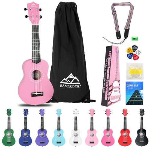 EastRock Sopran Ukulele 21 Zoll,Ukulele erwachsene,Ukulele Anfänger Kinderset, komplett mit Tasche, Schultergurt,Saiten,Ukulele Pick,Bedienungsanleitung,Reinigungstuch (Pink)