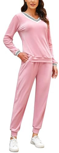 Totatuit Ensemble de Pyjama en Velours pour Femmes Long Décontracté col en V Elvet Pull et Bas Ensembles de Vêtements de Nuit Décontractés Rose,XXL