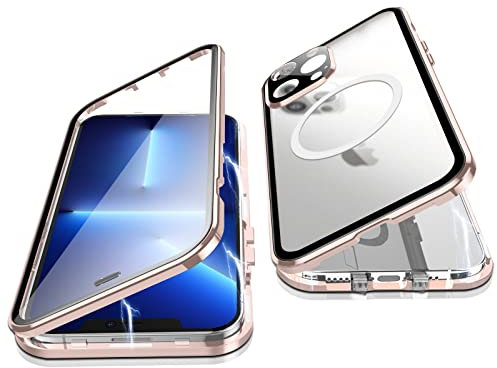 Jonwelsy Case for iPhone 13 Pro, 360 Degree Double-sided Protection Compatible with Magsafe Magnetic Adsorption Metal Bumper Front Tempered Glass Back Frosted PC Cover for iPhone 13 Pro 6.1 (Pink)