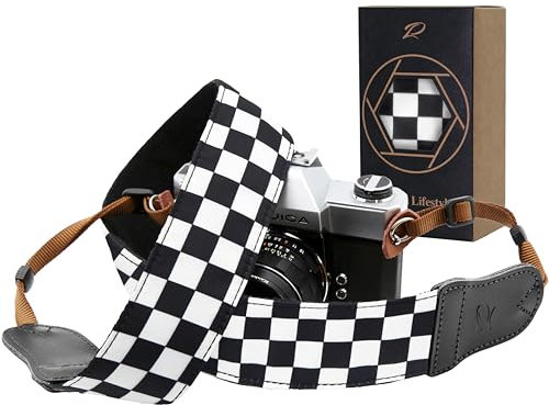 Padwa Lifestyle Black and White Plaid Camera Strap - 2 Wide Cowhide Head, Embroidered Cotton Woven Vintage Camera Straps,Universal Neck & Shoulder Strap for All Cameras and Men&Women Photographers