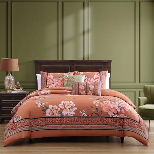 Bebejan Rossana 100% Cotton Sateen 5 Piece Comforter Set, Terracotta, Floral Reversible Bedding Comforter Set, 1 Comforter, 2 Shams & 2 Pillows (King/Cal King)