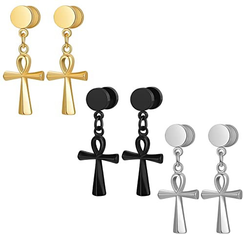 JewelryWe Schmuck 3 Paare Ohrstecker mit Ägyptischen Ankh Kreuz Anhänger Edelstahl Fake Plug Tunnel Barbell Baumeln Ohrringe Ohrhänger für Herren Damen Schwarz Gold Silber