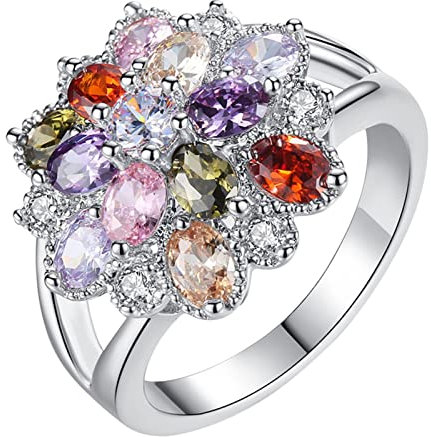 Yowablo Damenring Bunter Regenbogenring Luxusring Einfacher Zirkonring Schmuck Geschenk für Mädchen Erhältlich in Größe 6 7 8 9 Partner Ringe Für