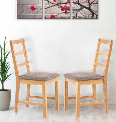 Hallowood Furniture Kleine Esszimmerstühle aus massivem Eichenholz, 2er-Set, mit Sitzpolster aus Leinenstoff in Grau, moderne & stilvolle Leiterrücken, Zuhause, Restaurant & Café