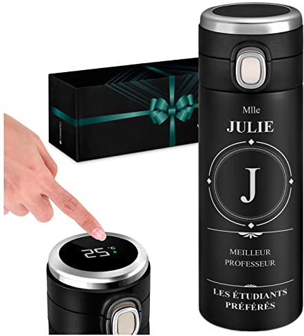 Maverton Mug de voyage personnalisé - Bouteille isotherme 400 ml - Tasse en inox avec Afficheur de température LED - Thermos gravé pour femme - anniversaire - Cadeau Noel - pour elle - prof