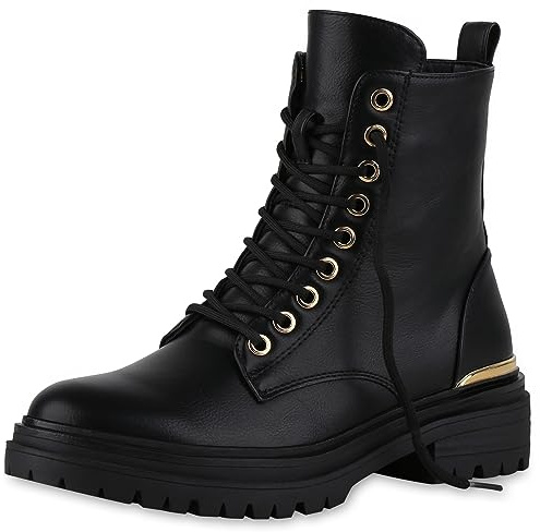 VAN HILL Damen Schnürstiefeletten Blockabsatz Profilsohle Trendy Schuhe 840526 213059 Schwarz 36