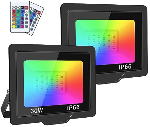 RIGIDON 2 Pack RGB Strahler 30W 3000LM RGB LED Strahler mit Fernbedienung 16 Farben 4 Modi IP66 Wasserdicht RGBW Farbwechsel Flutlicht Outdoor Für Party Garten Baum Landschaft Disco Feiern