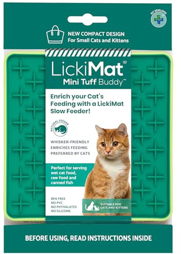 LickiMat Mini Tuff Buddy Cat Food Mat, Cat Slow Feeder for Boredom & Anxiety Relief for Cats, Perfect for Food, Treats, Yoghurt & Peanut Butter, Fun Alternative to a Slow Feeding Bowl, Green