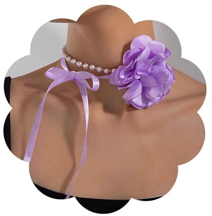 Dervivea Boho Blume Perle Choker Halskette Lila Blume Kragen Halskette Blume Perle Halskette Kette Lange Band Floral Halskette Stoff Blume Rosette Halskette Schmuck Für Frauen Und Mädchen (lila)