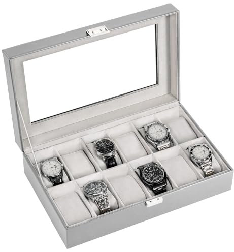 ProCase Uhrenbox mit 12 Fächern, Uhrenkasten mit Glasdeckel, Uhrenkoffer mit Uhrenkissen, Uhrenaufbewahrung, Premium-Uhrenschatulle, PU-Leder Uhrenkasten, Watch Box für Herren - 12 Fächer, Grau