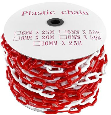 TRMLBE 50m Kunststoffkette Absperrkette Rot Weiß 6mm Stärke Kunststoff Warnkette Baustellensicherungskette Gliederkette Absperrpfosten zum Absperren