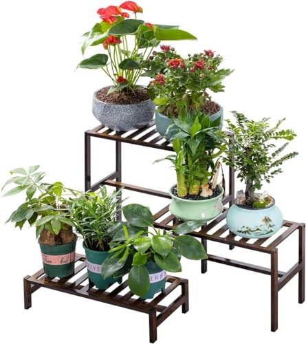 KLUFO Jardinera escalonada de bambú de 3 Niveles, Jardinera con Rejilla para macetas, Jardinera Independiente para jardín, Patio, balcón, Interior y Exterior
