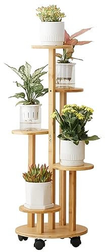 THCTYRP Soporte de flores de bambú, soporte alto y bajo para macetas, soporte para macetas con ruedas para balcón de salón, soporte para flores de interior
