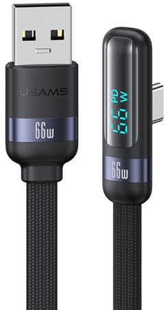 P4Y Cable USB a USB-C/Tipo-C para carga rápida y transferencia de datos PD 66W 6A 480 Mbps con pantalla digital y enchufe en forma de L /90 Grados, serie lift, longitud 1,2m negro US-SJ651