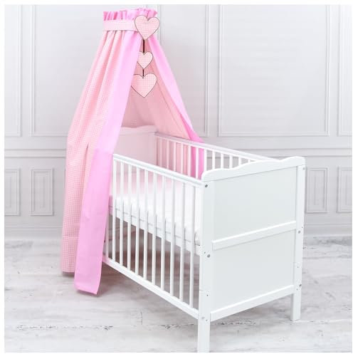Generisch Baby Delux Babybett Himmel Betthimmel Baumwolle Baldachin für Babybett Kinderbett Wiege Stubenwagen Himmelstange Applikationen Herz Deko (Karro Rosa, ohne Himmelstange)
