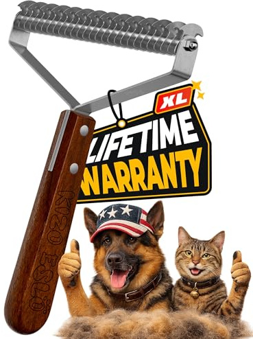 Extra Large 2-Sided Undercoat Rake for Dogs & Cats, Dog Brush for Shedding Remove Mats, Dematting Comb, Safe&Gentle Grooming Brush for German Shepherds Medium to Long-Haired Pets,Premium Wooden Handle