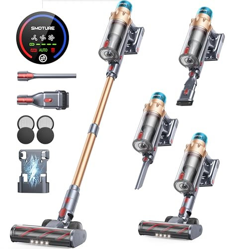 SMOTURE Cordless Vacuum Cleaner, 550W 45KPA Stick Vacuum with Touch Screen, Up to 60 Mins Runtime, Self-Standing Vacuum with Auto Mode, Lightweight Vacuums for Hardwood Floor Carpet Car Pet Hair