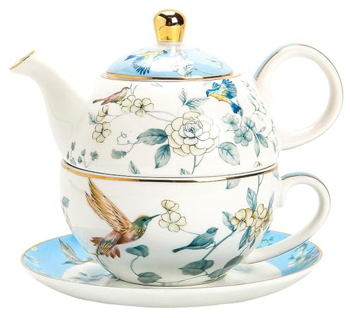 LE POTOCIO Tea for One Teekanne und Tassen-Set, Vintage Floral Porzellan Tee-Set für eine Person