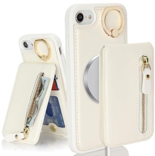 SailorTech Case for iPhone 7/8/SE2/SE3 With Card Holder, Ring Stand, Kickstand, Card Slots, Wallet - Detachable 2-in-1 Zipper Cover for iPhone 7/8/SE 2020/SE 2022 - White
