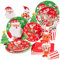 SUNBEAUTY 64 pc Christmas Party Supplies - Red Tableware Set with Plates, Napkins, Cups & Stickers for Holiday Dinner Party (Serves 16)