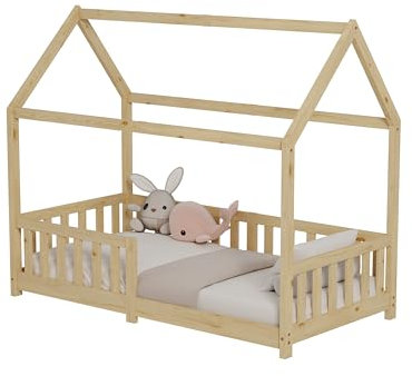 ecomi® Kinderbett 80x160 Bodenbett Kinder Bett Hausbett mit Rausfallschutz und Lattenrost für Kinder Kinderbetten für Mädchen und Jungen Massivholz Kiefer in Natur