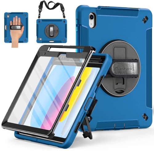 Miesherk Coque pour iPad A16 11eme/10eme Generation 2025/2022 11/10.9: Militaire Robuste Antichoc Housse Etui Cover Case-Protection d'écran -Porte-Crayon-Support Rotatif-Dragonne/Bandoulière-Bleu