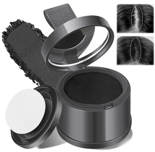 lomdung Polvere per Capelli Con Specchio e Piumino da Cipria, Fibre per Capelli Polvere Volumizzante Capelli, Polvere Attaccatura Capelli Tenuta per Riempimento Diradamento dei Capelli, Nero
