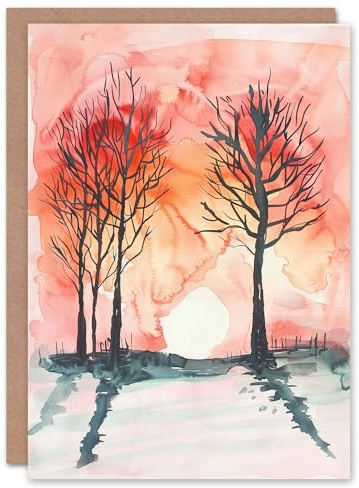 Artery8 Greeting Card Two Trees at Sunset Winter Countryside Landscape Blank For Him Or Her Art Birthday Card
