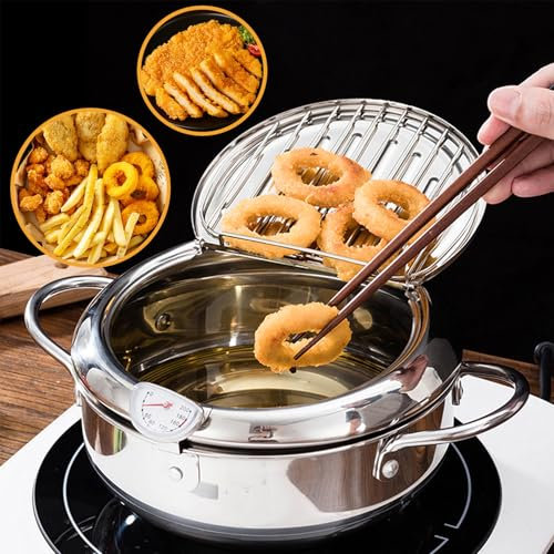 Japanese Deep Fryer Pot Tempura 7.87Inch/2.2L Deep Frying Pot With Thermometer 304 Stainless Steel Oil Drip Drainer Rack Lid For Kitchen French Fries Chicken Fish Chips Vegetables Seafood