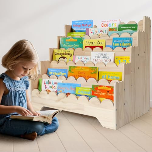 ElasignShopo Großes Kinder-Bücherregal mit 5 Etagen, gewelltes Holzregal, Montessori-Bücherregal für Kinderzimmer, Kleinkinder, Bücherregale, gewelltes Kinder-Bücherregal für Kinderzimmer,