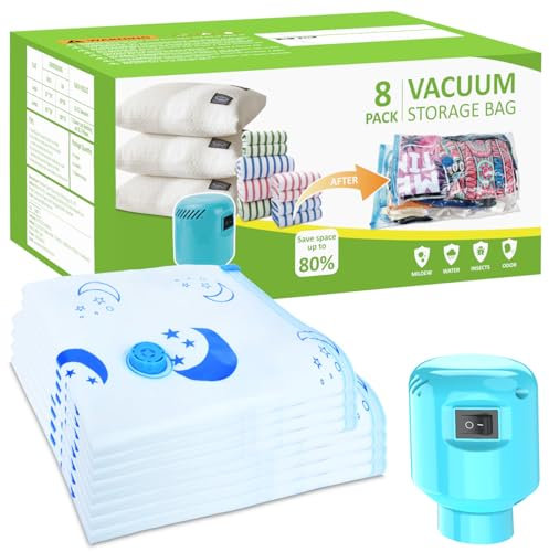 SZO Bolsas de vacío para ropa Edredones con bomba eléctrica 8 piezas (4 jumbo, 4 grandes) Viaje Desinflado Rápido Ahorro de espacio para ropa Edredones Ropa de cama Almohadas