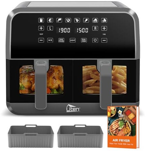Uten Friggitrice ad Aria Doppio Cestello, 8 Litri Air Fryer Visibile, 2 Cuscinetti in Silicone, 114 Ricette, Touch Screen Programmi, SYNC FINISH, Lavabile in Lavastoviglie