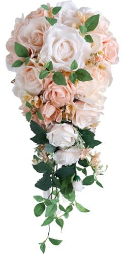 Saiyana Champagnerfarbener Brautstrauß Aus Seide. Stilvoller Champagner Seidenblumen Brautstrauß In Tropfenform Für Den Hochzeitstag Der Braut