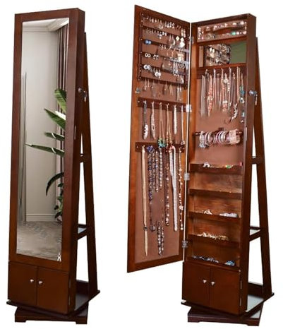 LYXXJRYBHD Schmuckschrank Mit Spiegel, Schmuckschrank Stehend, Spiegel Mit Stauraum, Abschließbarer Stauraum, 360° Schwenkbar