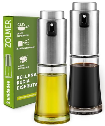 ZOLMER® Pulverizador de aceite para aceite comestible, juego de 2 unidades, spray de aceite para freidora de aire caliente, cocina, cocina y parrilla, botella pulverizadora de aceite de vidrio y acero