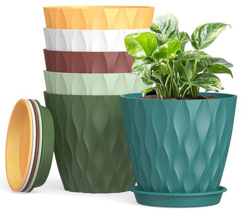 Homeuouz 10CM 6 Pack Plastic Plant Pots, 4 Inch Flower Pots Indoor with Drainage Holes Saucer for All House Plants(Colourful)