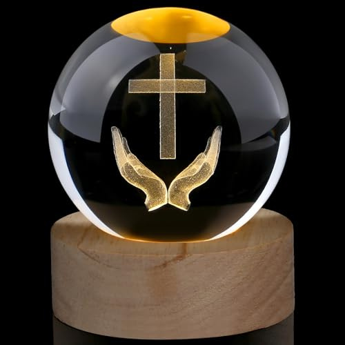 AWARDSEN 60 mm Kristallkugel Christliche Deko, Christliche Geschenke | AWARDSEN Betende Hände Jesus Kristallkugel mit Lampenfuß Kreuzigung Deko Glückslicht Personalisierte Geschenke