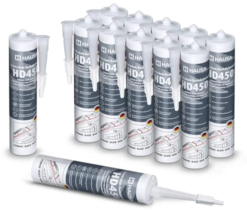 Hausa Kautschuk Dachdichtstoff HD450 Schwarz 12x 300ml dauerelastische Dichmasse & Kleber für Dach Dachrinnen Trapezblech Dachfolien Dachbahnen, wetterfest, kompatibel mit Bitumenwerkstoffen